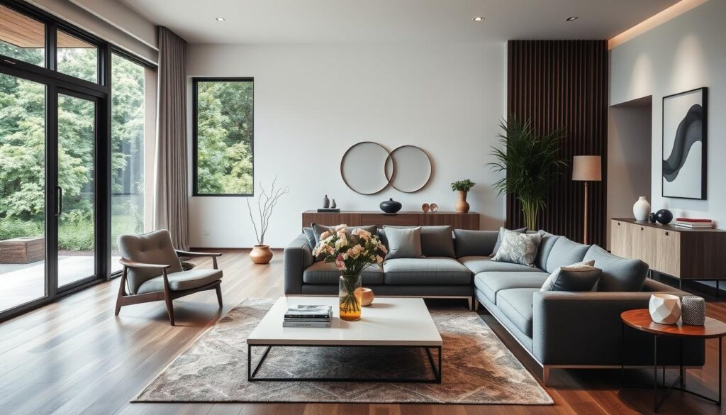 Room-specific interior decor ideas featuring a well-lit, spacious living room with modern furniture and accents. In the foreground, a plush gray sectional sofa and a sleek coffee table with a minimal vase of flowers. In the middle ground, a mid-century modern armchair and a geometric area rug. In the background, large windows overlooking a lush, verdant outdoor scene, complemented by minimalist wall decor and indirect lighting fixtures. The overall atmosphere conveys a sense of sophisticated style, natural harmony, and functional elegance.