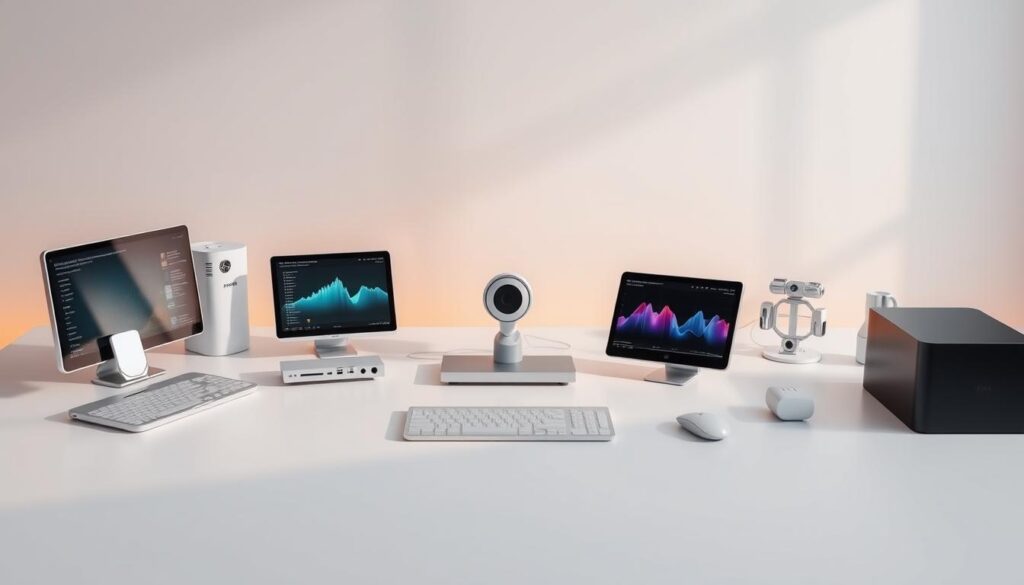 Sleek and minimalist workspace with a tidy arrangement of digital productivity tools. Three-dimensional models of various space optimization software applications arranged on a clean, white tabletop. Warm, directional lighting casts subtle shadows, highlighting the modern, streamlined designs. Seamless blending of hardware and software, showcasing the integration and synergy of these specialized tools. A sense of efficiency, organization, and technological prowess pervades the scene, reflecting the power of these space optimization utilities.