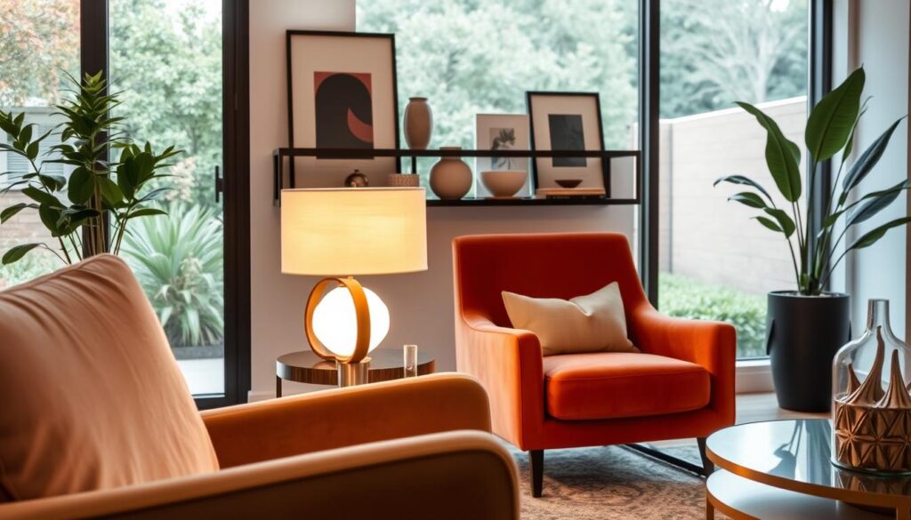Stylish home accents adorn a cozy, well-lit living room. In the foreground, a plush velvet armchair and a modern side table with a sculptural lamp cast warm, diffused light. In the middle ground, a minimalist floating shelf displays artful ceramics, greenery, and framed wall art. The background features large windows overlooking a tranquil garden, allowing natural light to flood the space. The overall aesthetic is one of refined elegance, with a harmonious blend of textures, colors, and shapes that create a serene and inviting atmosphere.