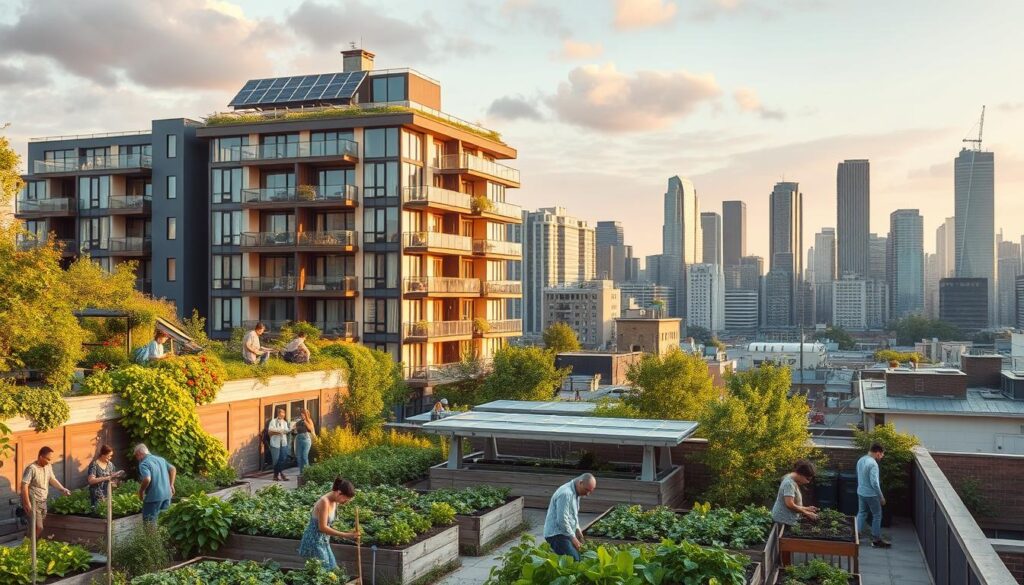 Sustainable urban living practices, a city block showcasing green rooftops, solar panels, community gardens, and people engaged in eco-friendly activities. In the foreground, a group of neighbors tending to their raised vegetable beds, surrounded by lush greenery and a vibrant community. In the middle ground, a modern apartment building with sleek, energy-efficient design, its rooftop adorned with solar panels harnessing the sun's power. In the background, a skyline of towering skyscrapers, their glass facades reflecting the sky and the urban landscape, a testament to the integration of sustainable practices into the heart of the city. Soft, warm lighting illuminates the scene, creating a sense of tranquility and harmony amidst the bustling urban environment.