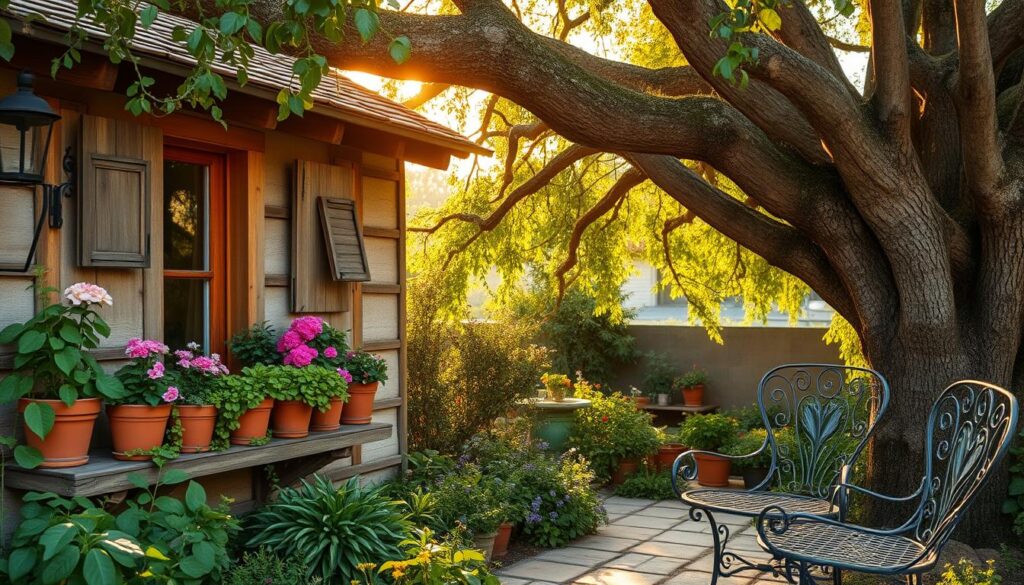 Vibrant and cozy cottagecore scene, bathed in warm, golden-hour lighting. A quaint, rustic cottage nestled amidst a lush, verdant garden. Flourishing flowers and herbs in terracotta pots line the wooden windowsills. Wrought-iron garden furniture, weathered by time, invites leisurely respite. Dappled sunlight filters through the canopy of an ancient oak tree, casting a gentle glow. The atmosphere is one of timeless charm and nostalgic tranquility, evoking a sense of vintage elegance and pastoral serenity.