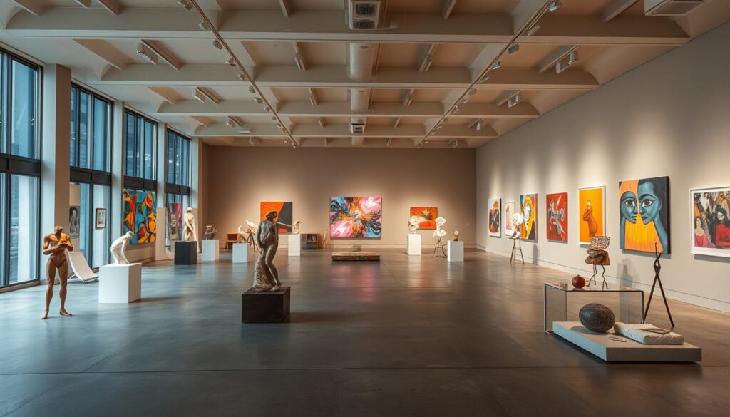 a large, open gallery space filled with a variety of contemporary artworks, including abstract sculptures, vibrant paintings, and multimedia installations. the lighting is soft and diffused, creating a serene and contemplative atmosphere. the artworks are arranged in a thoughtful, minimalist style, with ample negative space to allow each piece to shine. the walls are painted in muted, earthy tones, providing a neutral backdrop for the bold and experimental works. the floor is made of polished concrete, reflecting the clean and modern aesthetic. the overall scene conveys a sense of exploration, innovation, and a celebration of the diverse and ever-evolving nature of contemporary art.