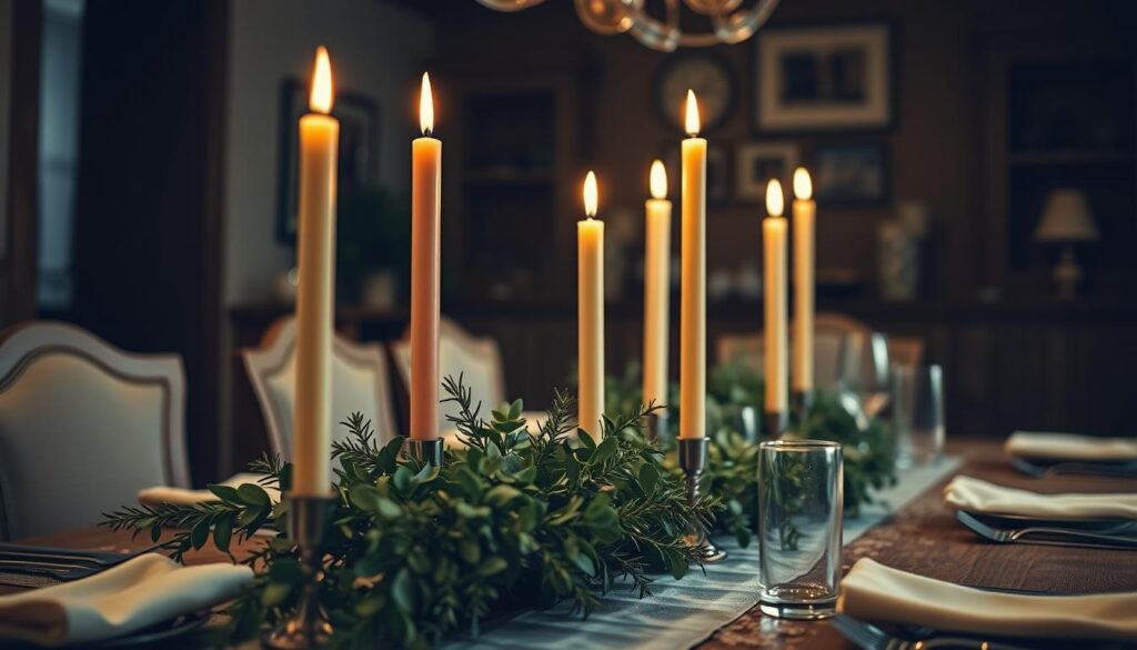 A beautifully curated dining table setting with an elegant centerpiece of long-stemmed taper candles in various heights and warm tones, casting a soft, romantic glow. Surrounding the candles, an artful arrangement of lush greenery, such as eucalyptus sprigs and fragrant rosemary, creating a natural, rustic ambiance. In the background, a dimly lit, cozy dining room with wooden accents and neutral tones, enhancing the intimate, inviting atmosphere. The scene is captured with a shallow depth of field, drawing the viewer's eye to the captivating centerpiece. Soft, diffused lighting from the candles creates a mesmerizing, chiaroscuro effect, accentuating the textures and shadows of the scene. A beautifully curated dining table setting with an elegant centerpiece of long-stemmed taper candles in various heights and warm tones, casting a soft, romantic glow. Surrounding the candles, an artful arrangement of lush greenery, such as eucalyptus sprigs and fragrant rosemary, creating a natural, rustic ambiance. In the background, a dimly lit, cozy dining room with wooden accents and neutral tones, enhancing the intimate, inviting atmosphere. The scene is captured with a shallow depth of field, drawing the viewer's eye to the captivating centerpiece. Soft, diffused lighting from the candles creates a mesmerizing, chiaroscuro effect, accentuating the textures and shadows of the scene.