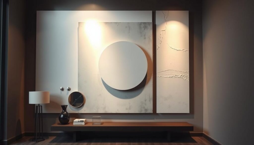 A captivating, meticulously-designed statement wall decor piece, featuring a harmonious blend of modern and abstract elements. A large, striking focal point commands attention, surrounded by a clean, minimal background accentuated by subtle, yet impactful, textural accents. Warm, directional lighting casts dramatic shadows, creating depth and dimensionality, while a slightly off-center camera angle adds visual interest and a sense of dynamism. The overall composition exudes a sophisticated, gallery-inspired aesthetic, inviting the viewer to engage and appreciate the thoughtful interplay of form, color, and texture. A captivating, meticulously-designed statement wall decor piece, featuring a harmonious blend of modern and abstract elements. A large, striking focal point commands attention, surrounded by a clean, minimal background accentuated by subtle, yet impactful, textural accents. Warm, directional lighting casts dramatic shadows, creating depth and dimensionality, while a slightly off-center camera angle adds visual interest and a sense of dynamism. The overall composition exudes a sophisticated, gallery-inspired aesthetic, inviting the viewer to engage and appreciate the thoughtful interplay of form, color, and texture.