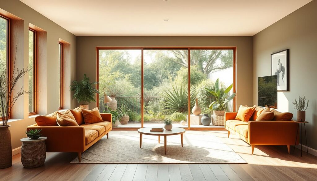 A contemporary living room bathed in natural light, featuring a harmonious palette of earthy tones and organic textures. The walls are painted in a soothing shade of sage green, complemented by warm wooden accents and plush, velvet seating in shades of mustard and terracotta. A large, floor-to-ceiling window offers a captivating view of a lush, verdant garden, flooding the space with a gentle, golden glow. Minimalist, Scandinavian-inspired furnishings create a serene and inviting atmosphere, embodying the essence of modern, sustainable living.