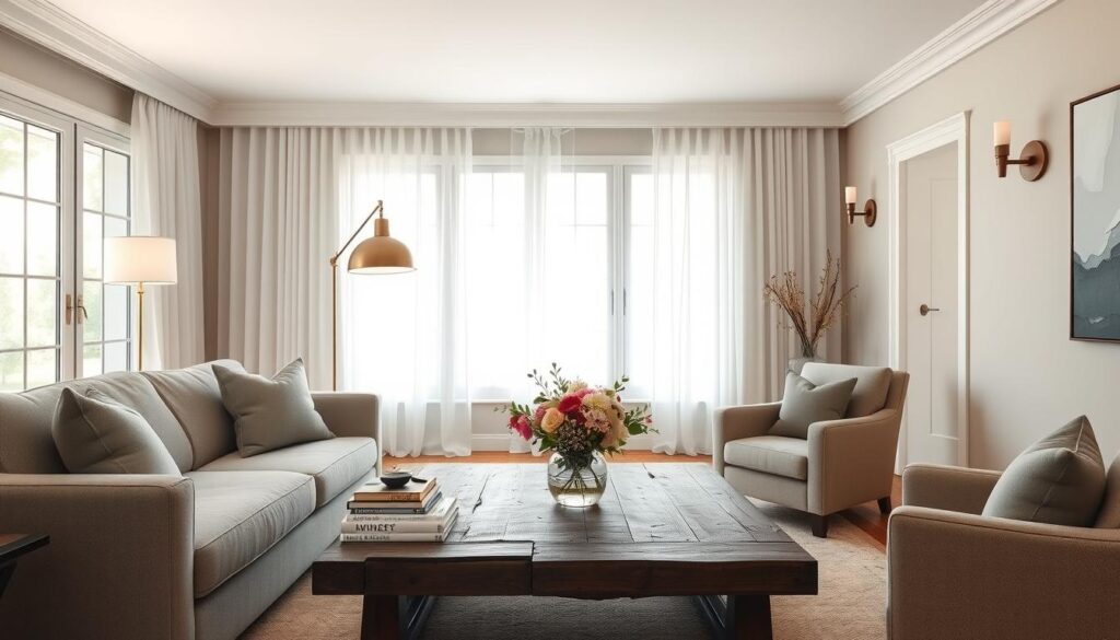 A cozy and inviting living room in soft neutral tones, with a plush gray sofa as the focal point. A pair of armchairs in beige linen flank a rustic wooden coffee table, adorned with a stack of books and a decorative vase of fresh flowers. Sheer white curtains frame large windows, allowing natural light to flood the space. A statement floor lamp casts a warm glow, complemented by the soft lighting of sconces mounted on the walls. Minimalist wall decor, such as a modern abstract painting, adds a touch of elegance. The overall atmosphere is one of relaxation and sophistication. A cozy and inviting living room in soft neutral tones, with a plush gray sofa as the focal point. A pair of armchairs in beige linen flank a rustic wooden coffee table, adorned with a stack of books and a decorative vase of fresh flowers. Sheer white curtains frame large windows, allowing natural light to flood the space. A statement floor lamp casts a warm glow, complemented by the soft lighting of sconces mounted on the walls. Minimalist wall decor, such as a modern abstract painting, adds a touch of elegance. The overall atmosphere is one of relaxation and sophistication.