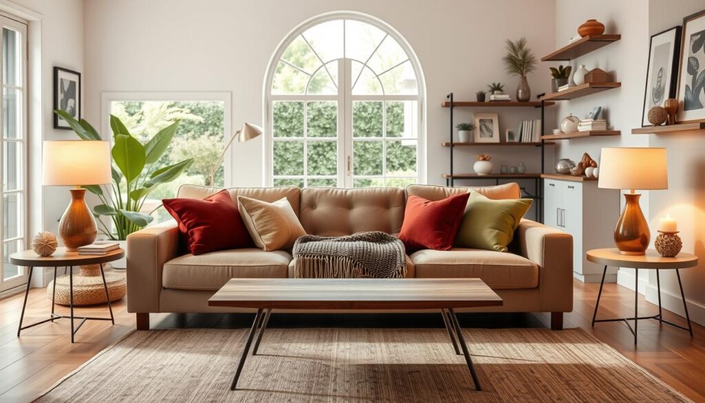 A cozy and inviting living room with a plush, tufted sofa in a neutral tone, accented by colorful throw pillows and a woven blanket. In the foreground, a mid-century modern coffee table with a sleek, wooden top and metal legs. Flanking the sofa, two minimalist end tables with decorative lamps casting a warm, ambient glow. In the background, a large, arched window overlooking a lush, green garden, allowing natural light to filter in. The walls are adorned with framed artwork and shelves displaying decorative objects, creating a harmonious and visually stimulating space. The overall atmosphere is one of comfort, style, and relaxation, perfect for gathering with friends and family.