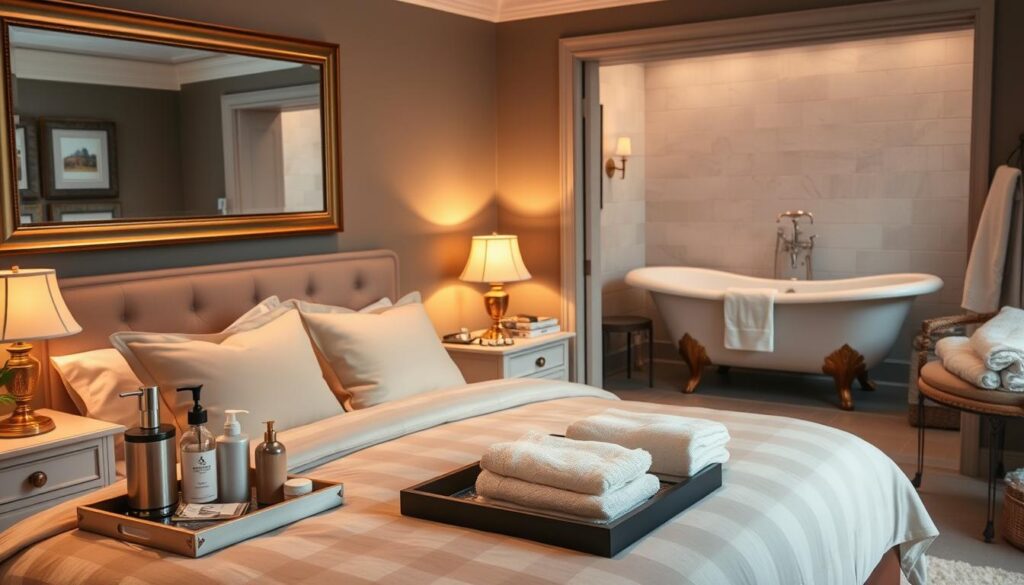 A cozy and well-appointed bedroom and bathroom decor, showcasing a harmonious blend of classic and contemporary elements. In the foreground, a plush, inviting bed adorned with soft, neutral-toned linens and a pair of tasteful nightstands. Complementing this, a stylish vanity with a large mirror and an assortment of grooming essentials, such as a sleek soap dispenser, a decorative tray, and a luxurious towel set. In the background, a spacious bathroom with a clawfoot tub, complemented by elegant fixtures and a tasteful assortment of bath accessories, including a candle, a plant, and a fluffy bathmat. The lighting is soft and warm, creating a relaxing, spa-like ambiance throughout the scene. A cozy and well-appointed bedroom and bathroom decor, showcasing a harmonious blend of classic and contemporary elements. In the foreground, a plush, inviting bed adorned with soft, neutral-toned linens and a pair of tasteful nightstands. Complementing this, a stylish vanity with a large mirror and an assortment of grooming essentials, such as a sleek soap dispenser, a decorative tray, and a luxurious towel set. In the background, a spacious bathroom with a clawfoot tub, complemented by elegant fixtures and a tasteful assortment of bath accessories, including a candle, a plant, and a fluffy bathmat. The lighting is soft and warm, creating a relaxing, spa-like ambiance throughout the scene.