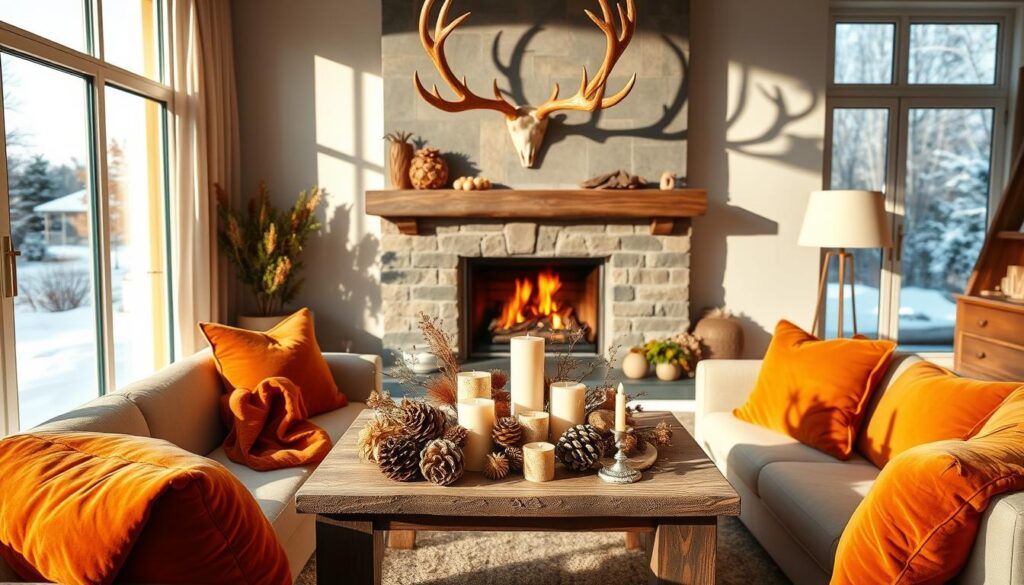 A cozy living room adorned with seasonal décor, bathed in warm, golden lighting from a crackling fireplace. Plush velvet throws and pillows in earthy autumnal tones contrast with the clean, minimalist furniture. Atop a rustic wooden coffee table, an arrangement of pinecones, dried flowers, and candles creates a serene, nature-inspired centerpiece. Ornate antlers hang above the mantelpiece, casting intricate shadows across the walls. Large windows frame a snow-dusted landscape outside, hinting at the changing seasons. An atmosphere of hygge and comfortable elegance pervades the space, inviting relaxation and quiet contemplation.