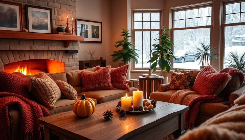 A cozy living room sets the stage, bathed in warm, golden light from a crackling fireplace. Plush, textured throws and pillows in autumnal hues adorn a comfortable sofa, while a rustic wooden coffee table displays seasonal accents - a ceramic pumpkin, pinecones, and a flickering candle. In the background, a large bay window offers a serene view of a snow-dusted landscape, marking the transition to winter. Framed artwork and lush greenery from potted plants lend a touch of elegance, creating a harmonious, inviting atmosphere that celebrates the rhythms of the changing seasons. A cozy living room sets the stage, bathed in warm, golden light from a crackling fireplace. Plush, textured throws and pillows in autumnal hues adorn a comfortable sofa, while a rustic wooden coffee table displays seasonal accents - a ceramic pumpkin, pinecones, and a flickering candle. In the background, a large bay window offers a serene view of a snow-dusted landscape, marking the transition to winter. Framed artwork and lush greenery from potted plants lend a touch of elegance, creating a harmonious, inviting atmosphere that celebrates the rhythms of the changing seasons.