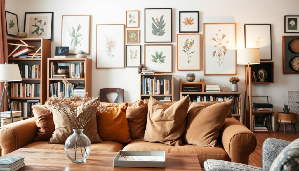 A cozy, well-lit living room with a mix of vintage and modern decor. In the foreground, a plush, earth-toned sofa with plump throw pillows. On the coffee table, a minimalist vase with a single stem of wildflowers. Across the room, a bookshelf filled with an eclectic collection of books and decorative accents. The walls are adorned with a mix of framed botanical prints and abstract art, creating a harmonious gallery-like arrangement. Soft, diffused lighting from a floor lamp and a pair of table lamps casts a warm, inviting glow throughout the space. The overall atmosphere is one of comfort, style, and thoughtful, budget-conscious design. A cozy, well-lit living room with a mix of vintage and modern decor. In the foreground, a plush, earth-toned sofa with plump throw pillows. On the coffee table, a minimalist vase with a single stem of wildflowers. Across the room, a bookshelf filled with an eclectic collection of books and decorative accents. The walls are adorned with a mix of framed botanical prints and abstract art, creating a harmonious gallery-like arrangement. Soft, diffused lighting from a floor lamp and a pair of table lamps casts a warm, inviting glow throughout the space. The overall atmosphere is one of comfort, style, and thoughtful, budget-conscious design.