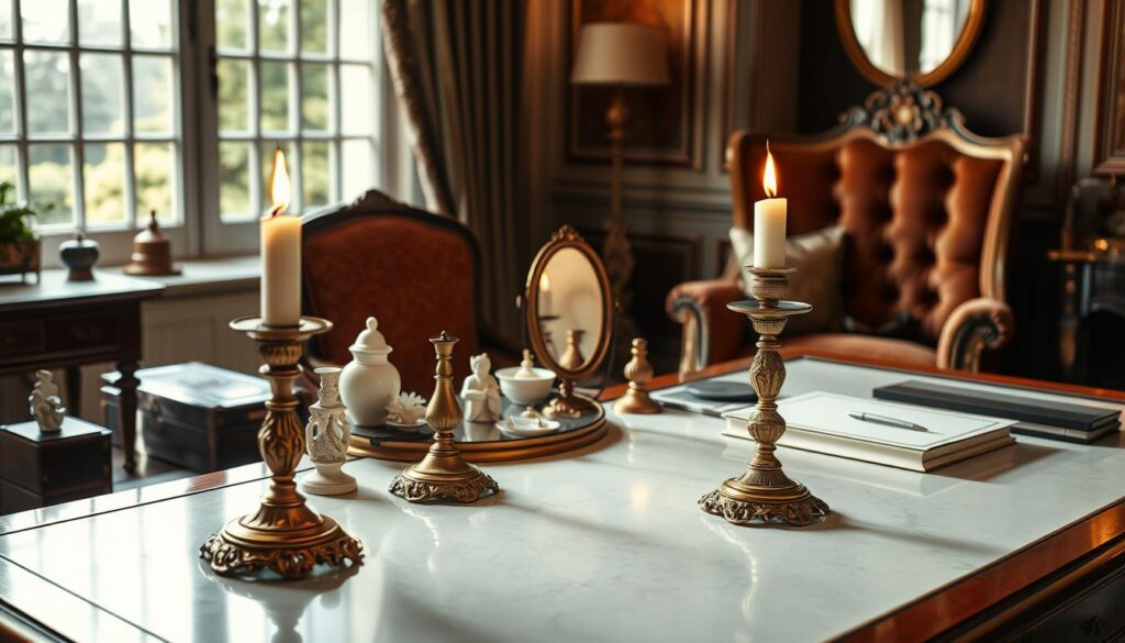 A luxurious, meticulously styled desk adorned with elegant accents. In the foreground, a pair of ornately crafted candlesticks flicker with a warm, inviting glow, casting a soft light across the pristine surface. Scattered amidst the décor, an assortment of delicate porcelain figurines and a vintage brass-framed mirror reflect the refined ambiance. The desk itself is crafted from rich, dark wood, its polished finish gleaming under the gentle illumination. In the background, a luxurious velvet armchair invites the viewer to sink into its plush cushions, while a large, ornate window frames the scene, allowing natural light to filter in and heighten the sense of sophistication. The overall mood is one of refined elegance, creating a workspace that inspires creativity and productivity.