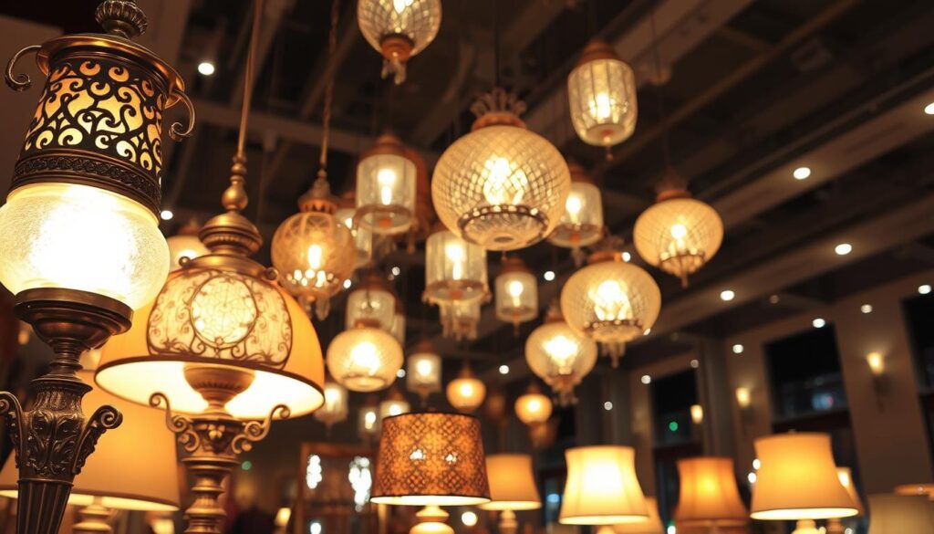 A magnificent display of decorative lighting lamps, illuminating the space with a warm, inviting glow. In the foreground, an ornate floor lamp with a metallic base and a shimmering glass shade casts a soft, ambient light. Surrounding it, a cluster of table lamps with intricate patterns and textures, their light dancing across the surfaces. In the middle ground, a series of pendant lights hang from the ceiling, their elegant silhouettes casting a gentle, atmospheric radiance. The background features a mix of wall sconces and recessed lighting, creating a layered, cohesive lighting scheme that elevates the ambiance of the room. The overall effect is one of sophistication, elegance, and a touch of whimsy, perfectly capturing the essence of "Illuminating Your Space with Decorative Lighting." A magnificent display of decorative lighting lamps, illuminating the space with a warm, inviting glow. In the foreground, an ornate floor lamp with a metallic base and a shimmering glass shade casts a soft, ambient light. Surrounding it, a cluster of table lamps with intricate patterns and textures, their light dancing across the surfaces. In the middle ground, a series of pendant lights hang from the ceiling, their elegant silhouettes casting a gentle, atmospheric radiance. The background features a mix of wall sconces and recessed lighting, creating a layered, cohesive lighting scheme that elevates the ambiance of the room. The overall effect is one of sophistication, elegance, and a touch of whimsy, perfectly capturing the essence of "Illuminating Your Space with Decorative Lighting."