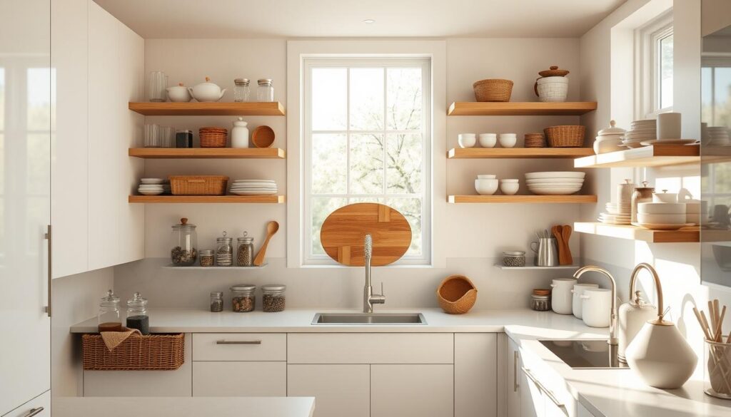 A modern kitchen with sleek, minimalist cabinetry and open shelving displaying an array of decorative storage solutions. Sunlight streams through large windows, casting a warm, inviting glow on the crisp white and wood tones. On the countertops, elegant glass jars, woven baskets, and ceramic canisters neatly organize spices, teas, and other kitchen essentials. The backsplash features a subtle geometric pattern that adds visual interest. The overall atmosphere is one of effortless style and functionality, capturing the essence of a well-curated, organized kitchen space. A modern kitchen with sleek, minimalist cabinetry and open shelving displaying an array of decorative storage solutions. Sunlight streams through large windows, casting a warm, inviting glow on the crisp white and wood tones. On the countertops, elegant glass jars, woven baskets, and ceramic canisters neatly organize spices, teas, and other kitchen essentials. The backsplash features a subtle geometric pattern that adds visual interest. The overall atmosphere is one of effortless style and functionality, capturing the essence of a well-curated, organized kitchen space.