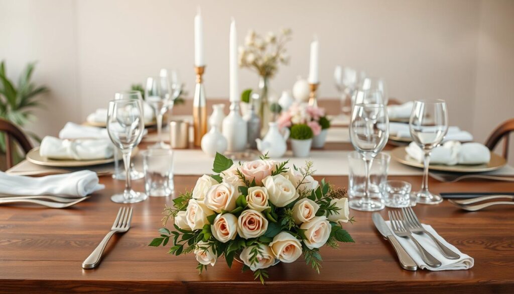 A neatly arranged table setting on a wooden surface, bathed in warm, natural lighting. In the foreground, a delicate floral centerpiece of pastel-colored roses and greenery. Surrounding it, an assortment of essential table decor items - gleaming silverware, elegant crystal glassware, and crisp, ivory linens. In the middle ground, a collection of decorative candles, vases, and small potted plants add depth and texture. The background features a neutral, subdued wall, allowing the table settings to take center stage. The overall atmosphere is one of refined sophistication and effortless elegance, perfectly capturing the essence of table decoration essentials. A neatly arranged table setting on a wooden surface, bathed in warm, natural lighting. In the foreground, a delicate floral centerpiece of pastel-colored roses and greenery. Surrounding it, an assortment of essential table decor items - gleaming silverware, elegant crystal glassware, and crisp, ivory linens. In the middle ground, a collection of decorative candles, vases, and small potted plants add depth and texture. The background features a neutral, subdued wall, allowing the table settings to take center stage. The overall atmosphere is one of refined sophistication and effortless elegance, perfectly capturing the essence of table decoration essentials.