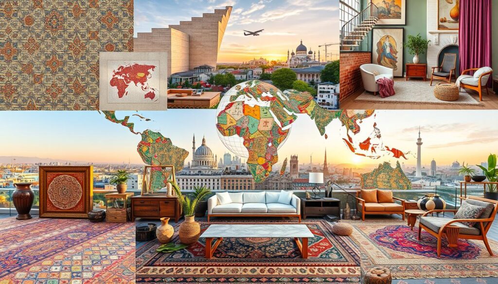 A vibrant, globe-spanning collage of diverse home decor styles. In the foreground, intricate Moroccan tile patterns, ornate Persian rugs, and carved wooden furnishings. In the middle ground, Scandinavian minimalist designs, sleek Japanese zen aesthetics, and colorful Latin American textiles. In the background, a panoramic skyline showcasing architectural styles from across the world, bathed in warm, golden hour lighting. The overall scene radiates a harmonious fusion of cultures, materials, and design philosophies, creating a visually striking representation of global decorative influences. A vibrant, globe-spanning collage of diverse home decor styles. In the foreground, intricate Moroccan tile patterns, ornate Persian rugs, and carved wooden furnishings. In the middle ground, Scandinavian minimalist designs, sleek Japanese zen aesthetics, and colorful Latin American textiles. In the background, a panoramic skyline showcasing architectural styles from across the world, bathed in warm, golden hour lighting. The overall scene radiates a harmonious fusion of cultures, materials, and design philosophies, creating a visually striking representation of global decorative influences.