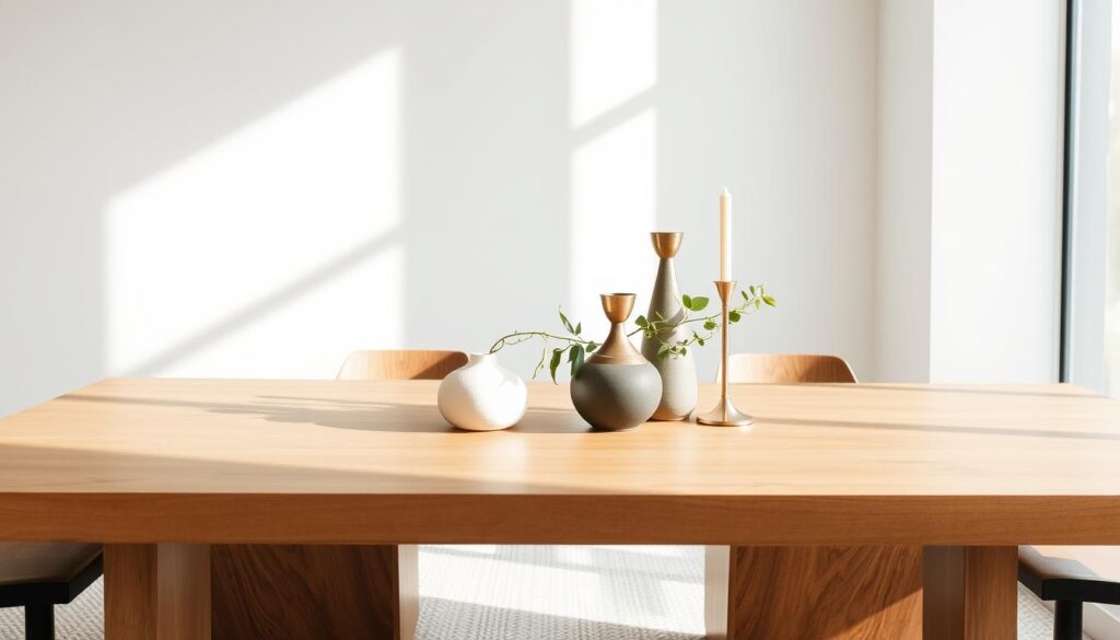 A well-curated tablescape with a modern minimalist aesthetic. A sleek wooden table with a smooth, satin-finished surface is the focal point, bathed in soft, diffused natural lighting filtering through large windows. Atop the table, an artful arrangement of sculptural ceramic vases, weathered brass candlesticks, and a sprig of greenery creates a sense of balance and harmony. The background features a crisp white wall, lending an airy, gallery-like ambiance to the scene. Subtle hints of texture, such as a subtly patterned area rug and the natural grain of the wood, add visual interest. Overall, the image conveys a refined, effortless elegance perfect for showcasing stylish table and surface decoration techniques. A well-curated tablescape with a modern minimalist aesthetic. A sleek wooden table with a smooth, satin-finished surface is the focal point, bathed in soft, diffused natural lighting filtering through large windows. Atop the table, an artful arrangement of sculptural ceramic vases, weathered brass candlesticks, and a sprig of greenery creates a sense of balance and harmony. The background features a crisp white wall, lending an airy, gallery-like ambiance to the scene. Subtle hints of texture, such as a subtly patterned area rug and the natural grain of the wood, add visual interest. Overall, the image conveys a refined, effortless elegance perfect for showcasing stylish table and surface decoration techniques.