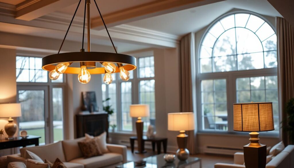 A well-lit living room featuring a mix of contemporary and traditional lighting fixtures. In the foreground, a large statement chandelier with clean lines and warm-toned bulbs casts a soft glow. Flanking it, sconces with adjustable arms provide focused task lighting. In the middle ground, a minimalist floor lamp and a table lamp with a linen shade create a cozy ambiance. The background showcases large windows allowing natural light to stream in, complementing the artificial lighting. The overall scene radiates an inviting, elevated, and harmonious atmosphere, perfect for a luxurious home. A well-lit living room featuring a mix of contemporary and traditional lighting fixtures. In the foreground, a large statement chandelier with clean lines and warm-toned bulbs casts a soft glow. Flanking it, sconces with adjustable arms provide focused task lighting. In the middle ground, a minimalist floor lamp and a table lamp with a linen shade create a cozy ambiance. The background showcases large windows allowing natural light to stream in, complementing the artificial lighting. The overall scene radiates an inviting, elevated, and harmonious atmosphere, perfect for a luxurious home.