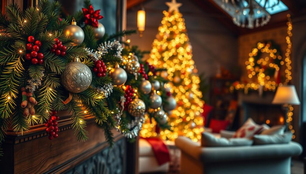 An elegant arrangement of seasonal ornaments and twinkling lights, bathed in a warm, inviting glow. In the foreground, a lush garland of pine, holly, and crimson berries cascades over a rustic wooden mantelpiece. Shimmering glass baubles and sparkling tinsel adorn the garland, casting a soft, festive radiance. In the middle ground, a tall, majestic Christmas tree stands tall, its branches heavy with ornaments and twinkling with countless fairy lights. The background is a cozy, intimate setting, with a crackling fireplace and plush, inviting furniture, creating a sense of comfort and joy. The overall atmosphere is one of holiday magic, where the spirit of the season is palpable and the senses are delighted. An elegant arrangement of seasonal ornaments and twinkling lights, bathed in a warm, inviting glow. In the foreground, a lush garland of pine, holly, and crimson berries cascades over a rustic wooden mantelpiece. Shimmering glass baubles and sparkling tinsel adorn the garland, casting a soft, festive radiance. In the middle ground, a tall, majestic Christmas tree stands tall, its branches heavy with ornaments and twinkling with countless fairy lights. The background is a cozy, intimate setting, with a crackling fireplace and plush, inviting furniture, creating a sense of comfort and joy. The overall atmosphere is one of holiday magic, where the spirit of the season is palpable and the senses are delighted.
