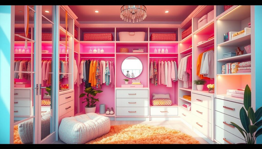 Candy-colored closet, a whimsical oasis in the home. Pastel hues dance across the shelves and drawers, inviting exploration. Soft lighting filters through translucent panels, casting a warm glow. Hangers adorned with ribbons and tassels add playful touches. The layout is functional yet stylish, with ample storage for clothing and accessories. Mirrors reflect the vibrant colors, creating a kaleidoscopic effect. Plush rugs and poufs in complementary tones anchor the space, while potted plants add a refreshing touch. The overall atmosphere is one of joy and creativity, transforming a utilitarian closet into a delightful retreat. Candy-colored closet, a whimsical oasis in the home. Pastel hues dance across the shelves and drawers, inviting exploration. Soft lighting filters through translucent panels, casting a warm glow. Hangers adorned with ribbons and tassels add playful touches. The layout is functional yet stylish, with ample storage for clothing and accessories. Mirrors reflect the vibrant colors, creating a kaleidoscopic effect. Plush rugs and poufs in complementary tones anchor the space, while potted plants add a refreshing touch. The overall atmosphere is one of joy and creativity, transforming a utilitarian closet into a delightful retreat.