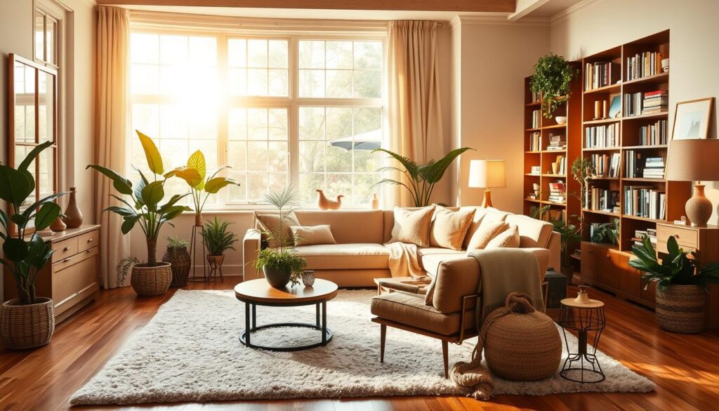 Cozy and inviting room with a harmonious color palette of warm neutrals, natural textures, and pops of earthy tones. Soft lighting from a large window bathes the space in a golden glow, accentuating the elegant furniture and carefully curated decor. A plush area rug grounds the composition, while lush potted plants and natural wood accents bring the outdoors in. Bookshelves line the walls, filled with volumes that speak to the homeowner's refined tastes. The overall ambiance is one of comfort, sophistication, and timeless style. Cozy and inviting room with a harmonious color palette of warm neutrals, natural textures, and pops of earthy tones. Soft lighting from a large window bathes the space in a golden glow, accentuating the elegant furniture and carefully curated decor. A plush area rug grounds the composition, while lush potted plants and natural wood accents bring the outdoors in. Bookshelves line the walls, filled with volumes that speak to the homeowner's refined tastes. The overall ambiance is one of comfort, sophistication, and timeless style.