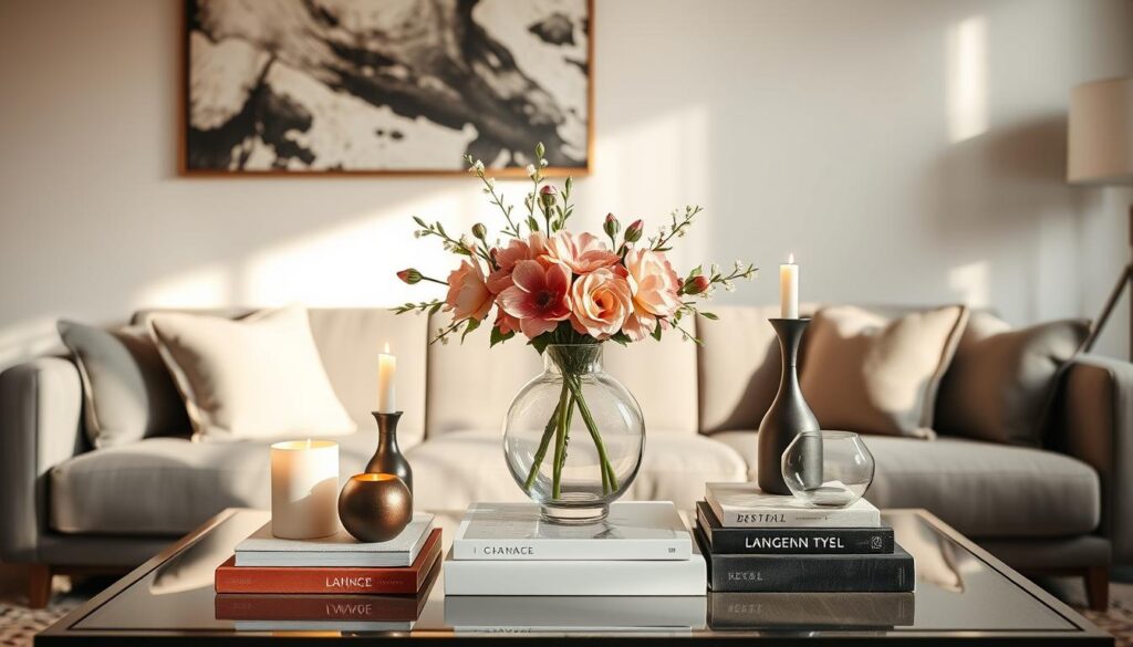 Elegant living room table styled with a curated arrangement of decorative objects. Centerpiece features a striking glass vase with fresh floral blooms, complemented by candles, books, and minimal geometric accents. Warm, soft lighting casts a cozy glow, creating an inviting and visually balanced tableau. The table is set against a backdrop of neutral-toned walls and understated furnishings, allowing the table styling to take center stage. Captured from a slightly elevated angle to showcase the harmonious composition. Elegant living room table styled with a curated arrangement of decorative objects. Centerpiece features a striking glass vase with fresh floral blooms, complemented by candles, books, and minimal geometric accents. Warm, soft lighting casts a cozy glow, creating an inviting and visually balanced tableau. The table is set against a backdrop of neutral-toned walls and understated furnishings, allowing the table styling to take center stage. Captured from a slightly elevated angle to showcase the harmonious composition.