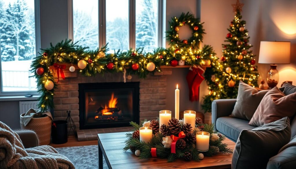 Seasonal decoration strategies: A cozy living room adorned with vibrant holiday accents. In the foreground, a lush garland drapes across the fireplace mantel, its evergreen boughs interwoven with twinkling fairy lights. On the coffee table, an elegant centerpiece of pinecones, candles, and festive ribbons. Through the window, a snow-dusted winter landscape casts a serene glow. Soft, warm lighting illuminates the space, creating an inviting, hygge-inspired atmosphere. Plush textiles, such as a knitted throw and velvet pillows, add layers of texture. The overall scene conveys a sense of festive charm and seasonal cheer, perfect for the "Stylish Home Decoration Tips" article.
