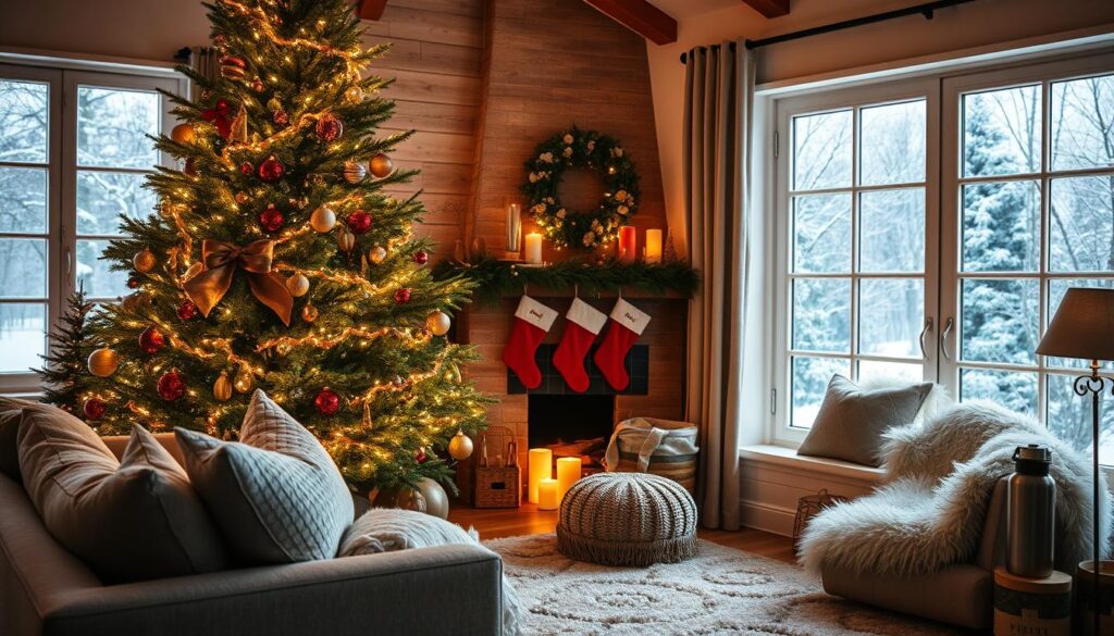 Seasonal holiday decoration strategies, a cozy living room scene: a large evergreen tree adorned with twinkling lights, ornaments, and garlands, casting a warm glow; a fireplace mantel decorated with stockings, pine boughs, and candles; plush throw pillows and a fluffy rug in muted holiday colors; a window seat overlooking a snowy winter landscape, with a thermos of hot cocoa nearby. Soft, ambient lighting illuminates the space, creating a festive and inviting atmosphere. A sense of hygge and holiday cheer pervades the scene. Seasonal holiday decoration strategies, a cozy living room scene: a large evergreen tree adorned with twinkling lights, ornaments, and garlands, casting a warm glow; a fireplace mantel decorated with stockings, pine boughs, and candles; plush throw pillows and a fluffy rug in muted holiday colors; a window seat overlooking a snowy winter landscape, with a thermos of hot cocoa nearby. Soft, ambient lighting illuminates the space, creating a festive and inviting atmosphere. A sense of hygge and holiday cheer pervades the scene.