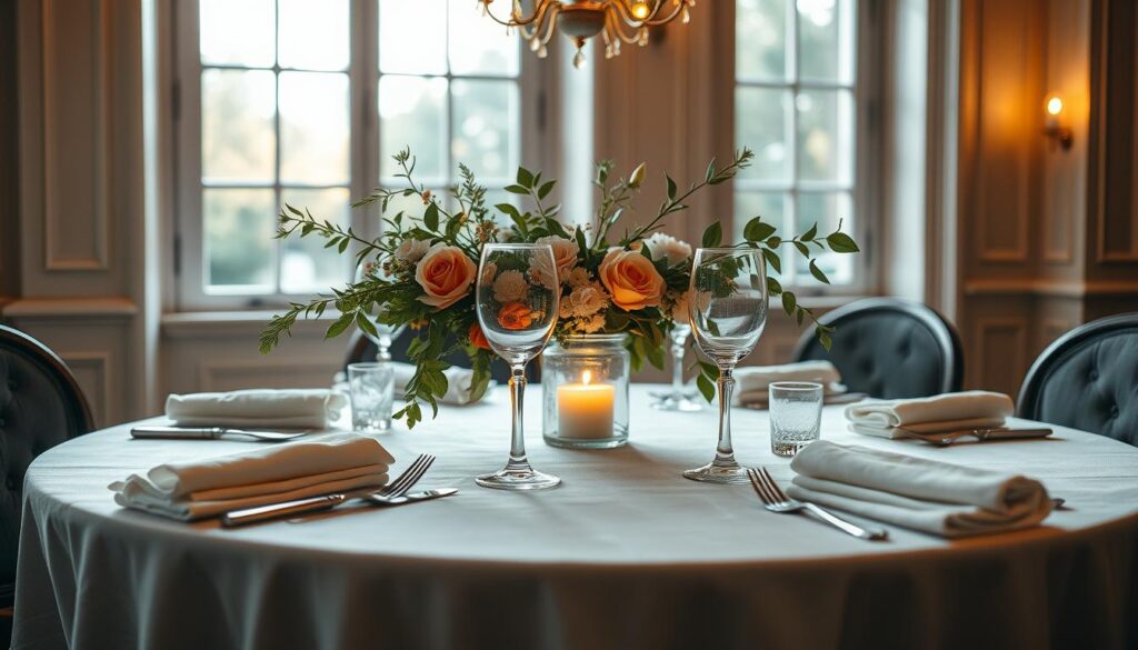 a beautifully lit table setting with a linen tablecloth, antique silverware, elegant stemware, and a centerpiece of fresh flowers and greenery. the lighting is soft and warm, creating a cozy and inviting ambiance. the table is positioned in front of a large window, allowing natural light to flood the scene. the composition is balanced and visually appealing, with the various elements arranged in a harmonious and visually interesting way. the overall mood is one of refined sophistication and timeless elegance.