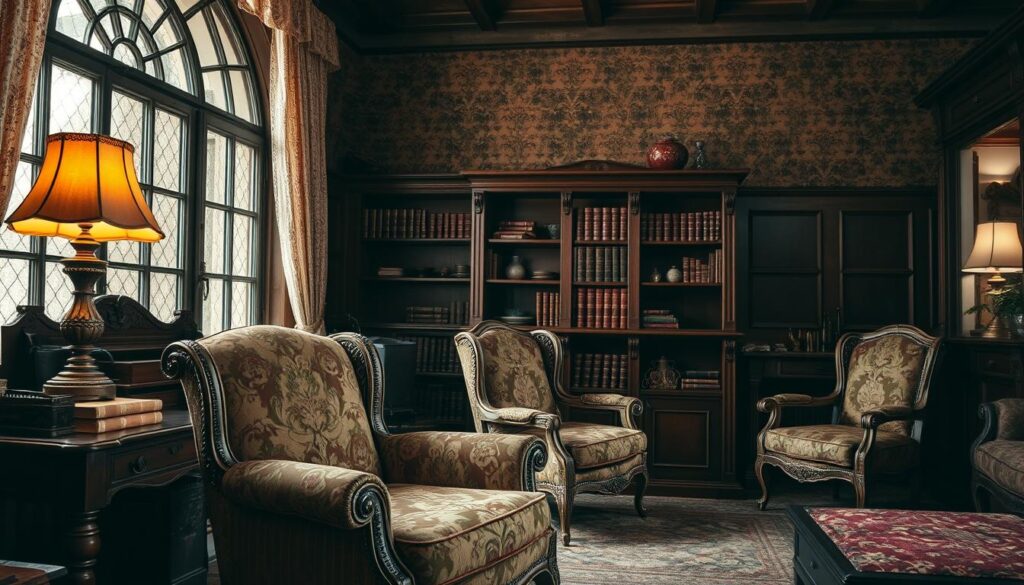 a cozy and inviting vintage living room filled with antique furniture, plush textiles, and warm lighting. in the foreground, an ornate victorian-style armchair upholstered in a rich, floral pattern sits next to a mahogany side table with a vintage table lamp. in the middle ground, a sturdy wooden bookshelf displays a collection of leather-bound books and decorative vases. the background features a large, arched window with delicate lace curtains, allowing natural light to flood the room. the overall color palette is muted and earthy, with hints of gold and burgundy accents. the room exudes a sense of timeless elegance and old-world charm. a cozy and inviting vintage living room filled with antique furniture, plush textiles, and warm lighting. in the foreground, an ornate victorian-style armchair upholstered in a rich, floral pattern sits next to a mahogany side table with a vintage table lamp. in the middle ground, a sturdy wooden bookshelf displays a collection of leather-bound books and decorative vases. the background features a large, arched window with delicate lace curtains, allowing natural light to flood the room. the overall color palette is muted and earthy, with hints of gold and burgundy accents. the room exudes a sense of timeless elegance and old-world charm.