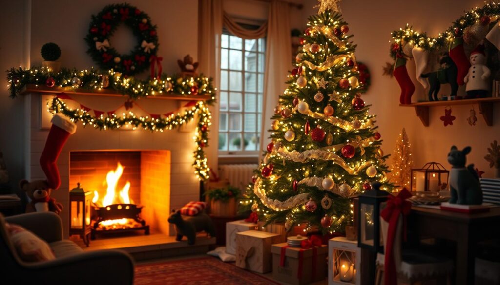 a cozy indoor holiday scene with a fireplace, a beautifully decorated Christmas tree with twinkling lights, and an assortment of festive ornaments, garlands, and other holiday decorations displayed around the room. The scene is bathed in warm, soft lighting creating a comforting and inviting atmosphere. The camera angle is slightly elevated, capturing the full scene from an angle that showcases the depth and layering of the decorative elements. The mood is celebratory and joyful, evoking the spirit of the holiday season. a cozy indoor holiday scene with a fireplace, a beautifully decorated Christmas tree with twinkling lights, and an assortment of festive ornaments, garlands, and other holiday decorations displayed around the room. The scene is bathed in warm, soft lighting creating a comforting and inviting atmosphere. The camera angle is slightly elevated, capturing the full scene from an angle that showcases the depth and layering of the decorative elements. The mood is celebratory and joyful, evoking the spirit of the holiday season.